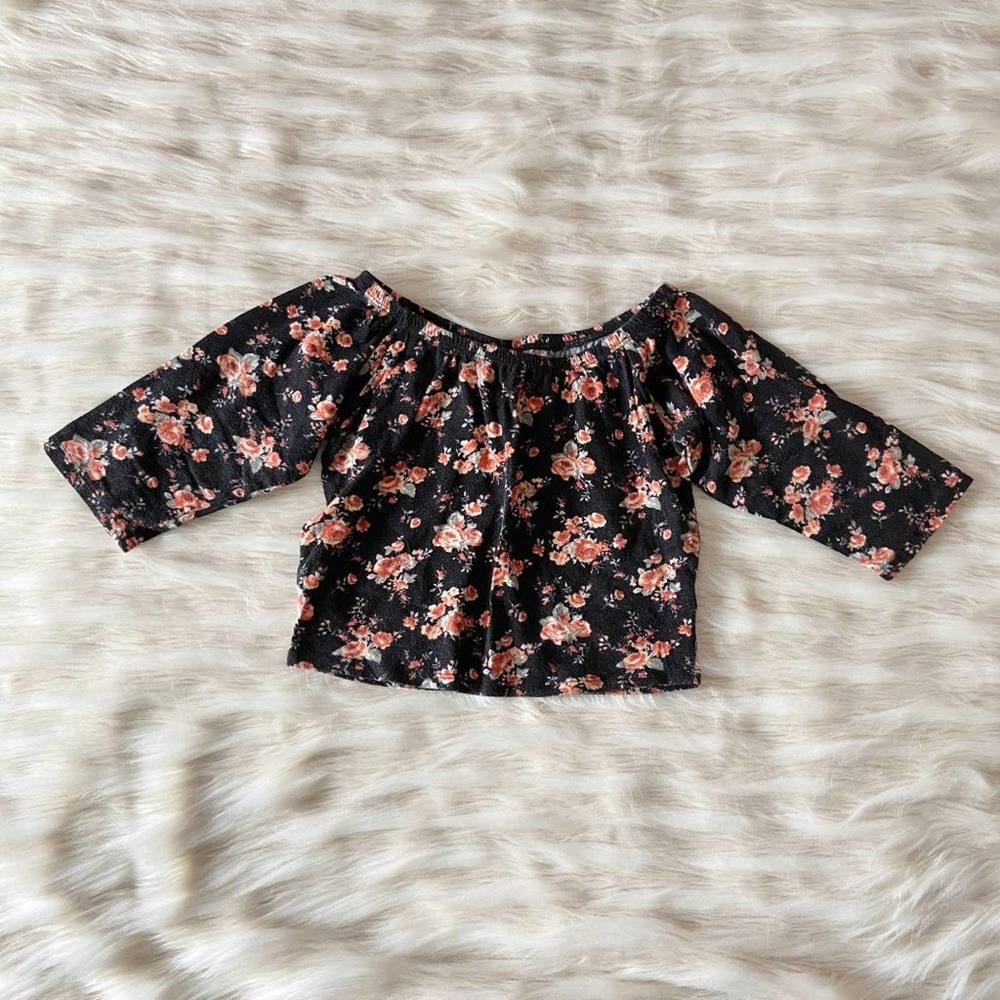 Nollie Black Orange Micro Floral Off Shoulder Top